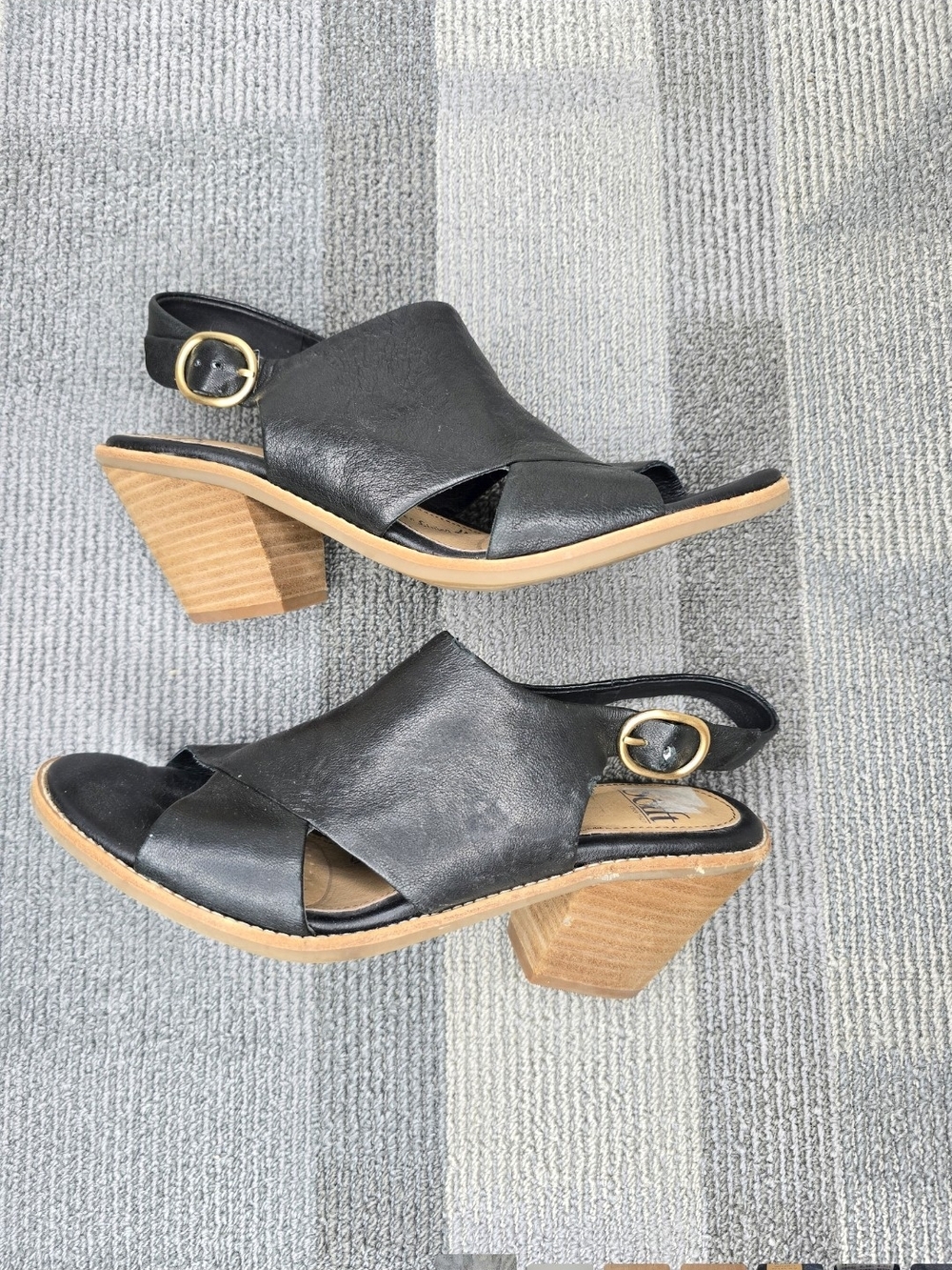 Sofft Black Leather Slingback Sandals with Tan Stacked Heel